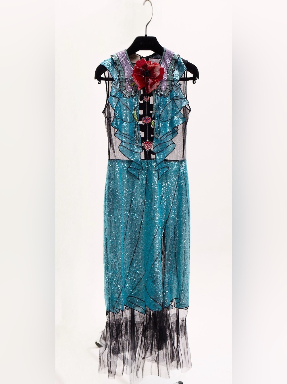 Gucci Blue Sequin Tromp-Ľœil Embroidered Snake Dress